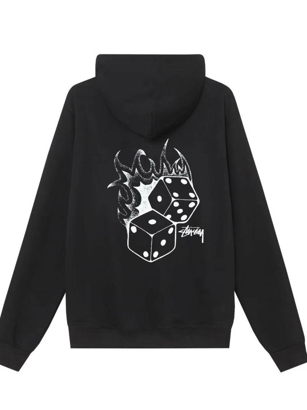 Stussy Black Hoodie with White Flaming Dice Graphic - Men
